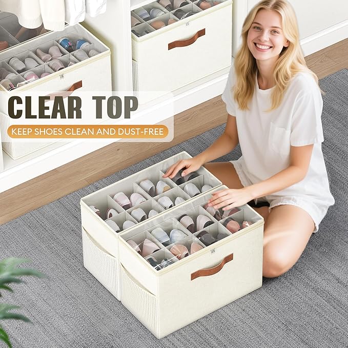 Budding Joy 2 Pack Shoe Organizer for Closet, Clear Foldable Shoe Storage Containers Adjustable Dividers Fits 16 Pairs