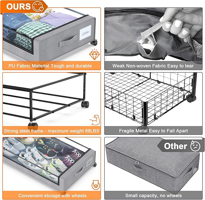 Under Bed Storage with Wheels, 2 Pack Under Bed Storage Containers with Clear Lids, XXL 65L Under Bed Storage Organizer