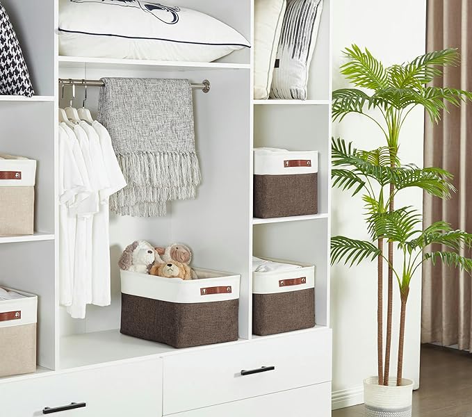 Storage Bins, Large Fabric Storage Baskets for Shelves, Brown & White, 4 Pack