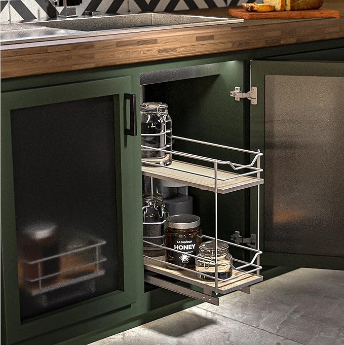 Home Zone Living Pull Out Kitchen Cabinet Organizer with 2 Tiers of Storage for Easy Access, 7.5”W x 20”D, Satin Nickel with Light Brown, Virtuoso Collection