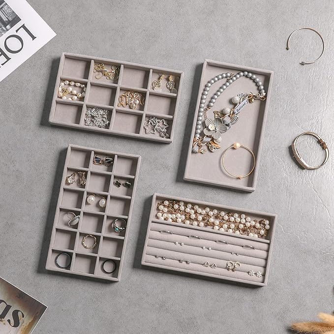 Frebeauty Jewelry Organizer Tray,Stackable Velvet Jewelry Trays,Drawer Inserts Earring Organizer For Women Jewelry Storage Display Case for Rings Stud Necklaces,Set of 9(Grey)