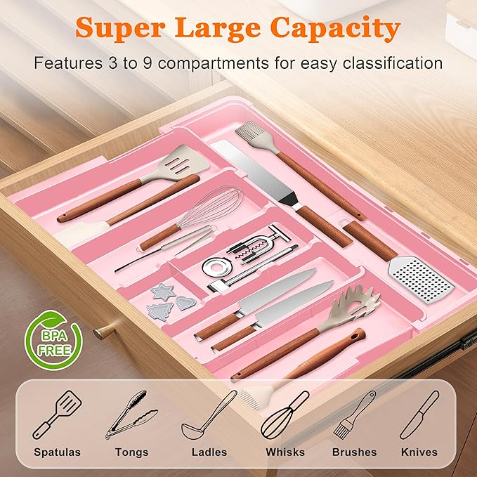 Spaclear Large Utensil Drawer Organizer Expandable Silverware Organizer for Kitchen Drawer Adjustable Cooking Utensil Holder Cutlery Flatware Tray