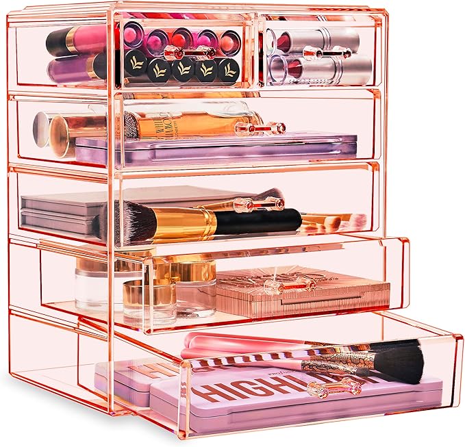 Sorbus Acrylic Makeup Organizer Set, 6-Drawer Vanity & Countertop Cosmetic Storage with Small & Wide Drawers, Pink Makeup Storage for Brushes