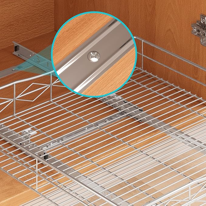 Pull Out Cabinet Organizer, 50LB Load Capacity Bottom-mount Sliding Drawer for Pots and Pans, 17" W x 21" D Under Sink Storage Shelf for Cabinet Opening 18" W x 22" D or Larger, Chrome Finish