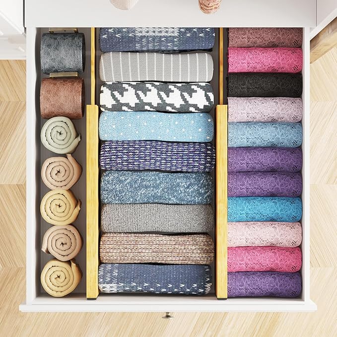 SpaceAid Bamboo 4 Pack Dresser Drawer Dividers, 4.65“ High Adjustable 12.5“-17” Drawer Organizers, Expandable Organization for Clothing, Clothes