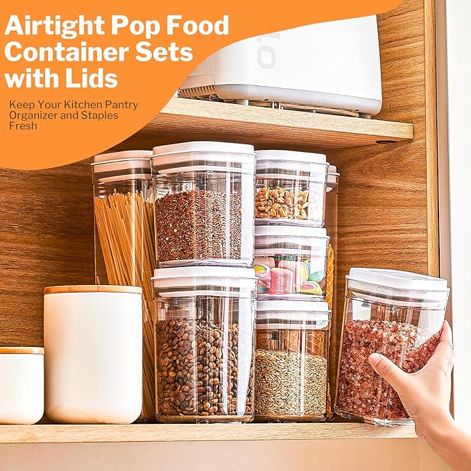 Pop Top Food Storage Container Set | 8Pcs Airtight Cereal Storage Organizer Canisters with Pop Lids, BPA-Free, Vacuum Seal & One-button Opening, Stackable Pantry Containers for Dry Food Storage