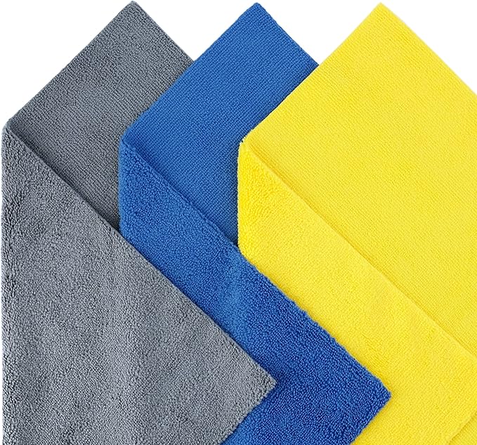 POLYTE Microfiber Cleaning Towel Ultrasonic Cut Edgeless (16x16, 24 Pack, Premium, Blue,Gray,Yellow)