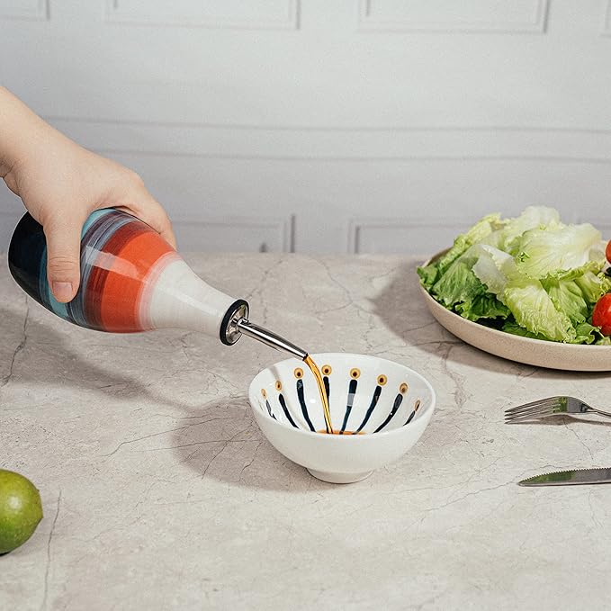 GUTE Cruet Ceramic Olive Oil & Vinegar Dispenser Bottle – Pottery Dressing Server – 400ml Condiment Cruet with Pourer Stopper – Kitchen Carafe for Cooking Ceramic Server 6" H 3" W Multicolored