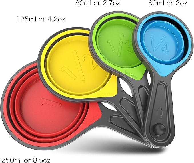 Kaptron Tools Spoons and Collapsible Measuring Cups Set 8 Pieces, Multiple Sizes, Multicolor