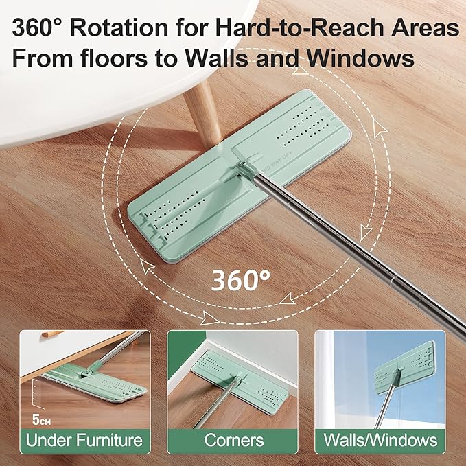 JOYMOOP 8L Large Capacity Flat Mop System (Light Green) with Extension Handle, Ideal for Floor, Window, and Wall Cleaning - Includes 5 Washable Microfiber Pads for Wet and Dry Use