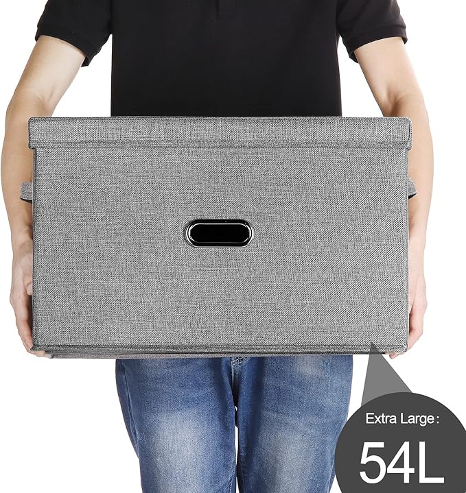Large Linen Fabric Foldable Storage Bins with Removable Lid and Handles, Washable Storage Box Organizer Containers Baskets Cube with Cover for Bedroom