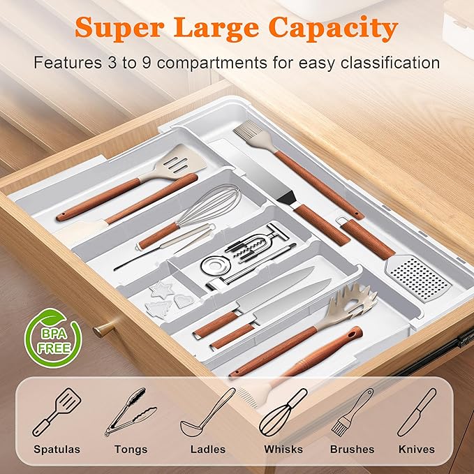 Spaclear Large Utensil Drawer Organizer Expandable Silverware Organizer for Kitchen Drawer Adjustable Cooking Utensil Holder Cutlery Flatware Tray