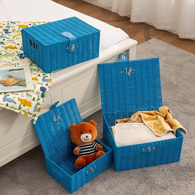 Set of 3 Woven Wicker Storage Basket Box with Lids & Lock, Blue