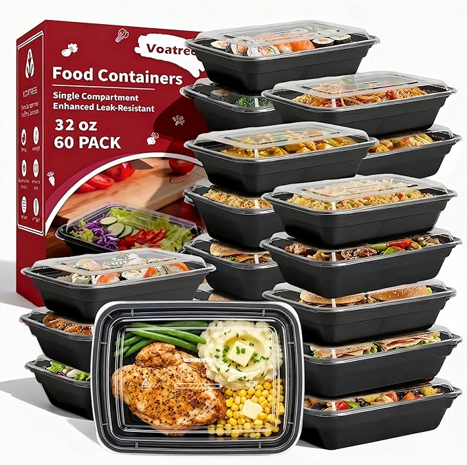 60 Pack 32 oz Meal Prep Containers Reusable, Plastic Food Storage Container with Lids,Leakproof To Go Lunch Boxes, BPA-Free,Freezer, Microwave