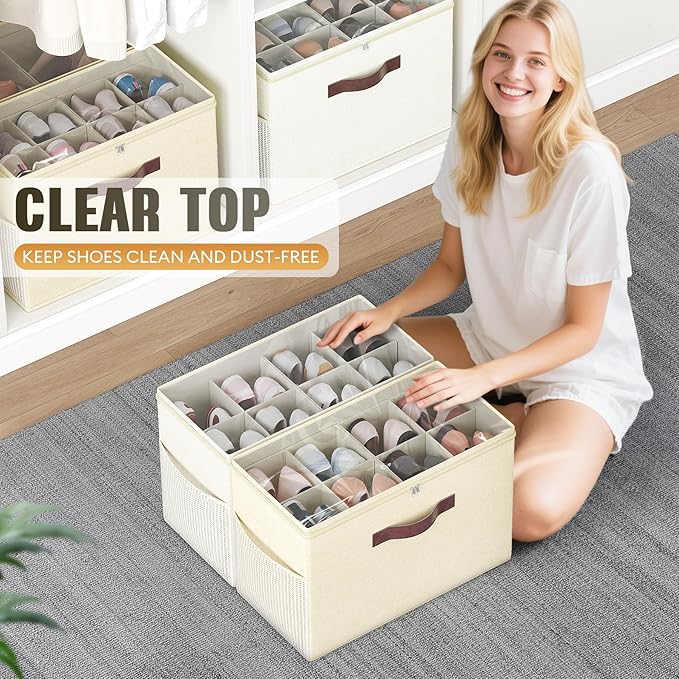 Budding Joy 2 Pack Shoe Organizer for Closet, Clear Foldable Shoe Storage Containers Adjustable Dividers Fits 16 Pairs