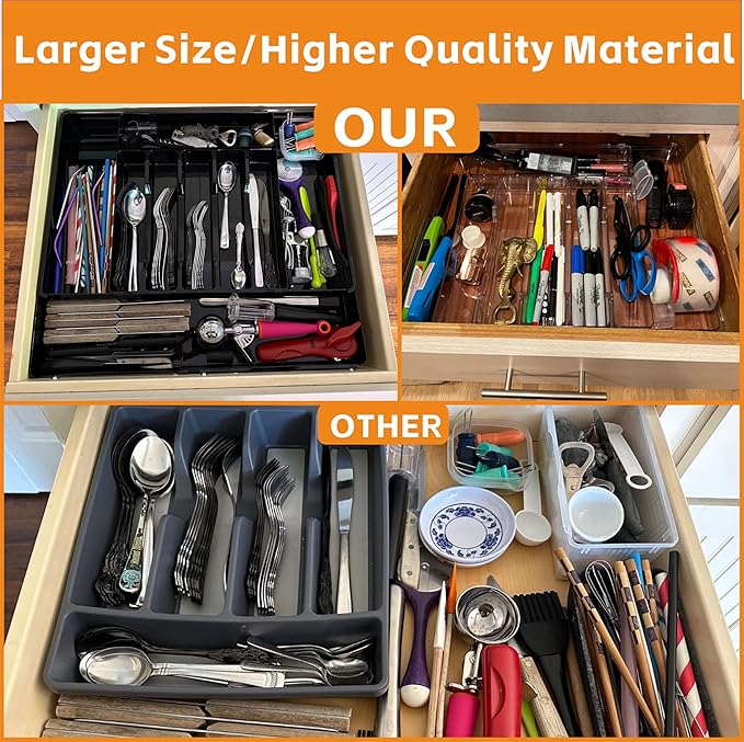 Black Expandable Silverware Drawer Organizer, Adjust From 11'' to 22'', Knife
