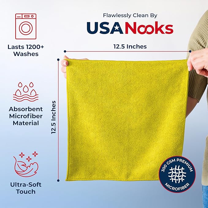 USANOOKS Microfiber Cleaning Cloth Yellow - 24 Pcs 12.5"x12.5" - High Performance - 1200 Washes