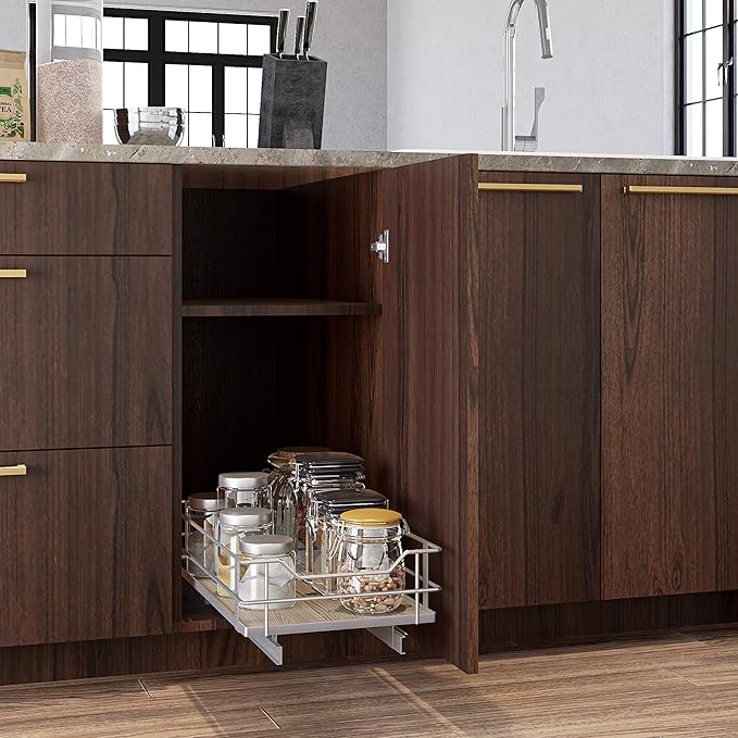 Home Zone Living Pull Out Kitchen Cabinet Organizer with Slide Out Drawer for Space Saving Storage, 11”W x 21”L, Satin Nickel Light Brown Wood Finish