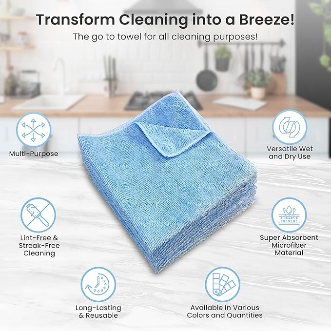 A&A Wiping Cloth- Microfiber Cleaning Towel, Super Absorbent Blue Microfiber Towels, Perfect for House, Cars, Windows, Gym and Office, Blue Microfiber 16x16 Towels, Pack of 180 Pieces