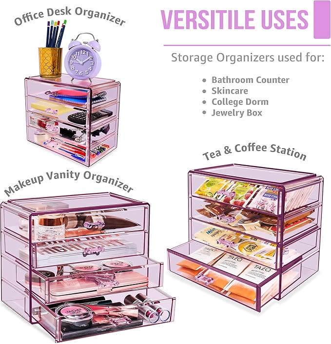 Sorbus Makeup Organizer - 4 Drawer Acrylic Make Up Organizers and Storage for Cosmetics, Jewelry, Beauty Supplies, Clear Makeup Organizer for Vanity, Girl's Room, College Dorm, Counter, Bathroom Sink