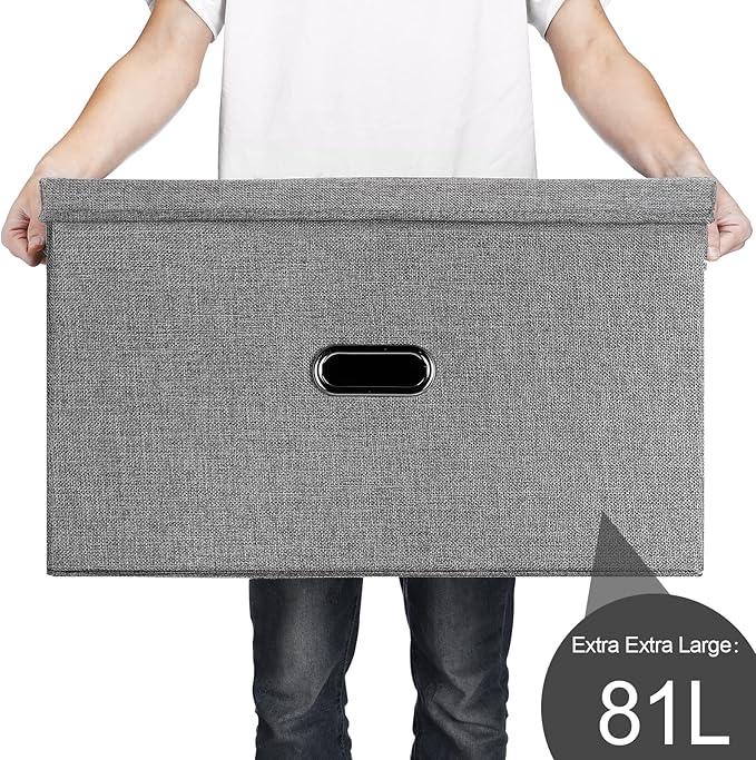 Large Linen Fabric Foldable Storage Bins with Removable Lid and Handles, Washable Storage Box Organizer Containers Baskets Cube with Cover for Bedroom