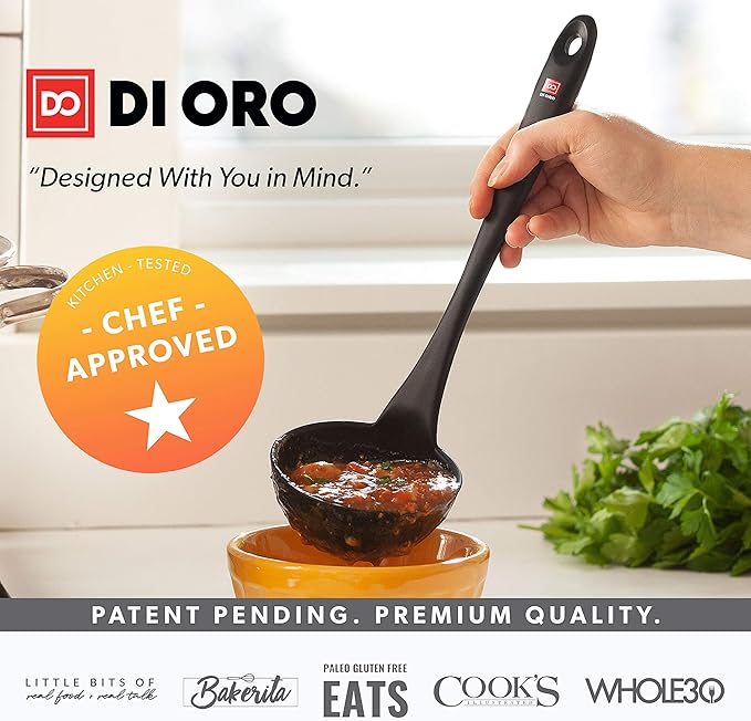 DI ORO Silicone Ladle – Soup Ladle for Cooking & Serving Heat-Resistant - Large Kitchen Soup Ladle Nonstick Cookware Safe - Soup Serving Spoon with Wide Bowl - Silicone Utensil Dishwasher Safe (Black)