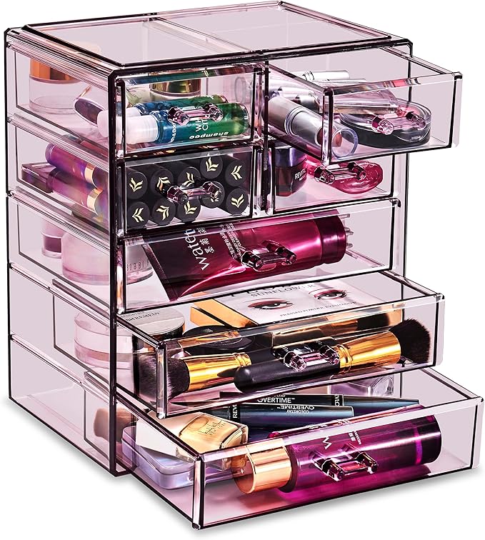 Sorbus Acrylic Makeup Organizer Set, 7-Drawer Vanity & Countertop Cosmetic Storage with Small & Wide Drawers, Purple Makeup Storage for Brushes