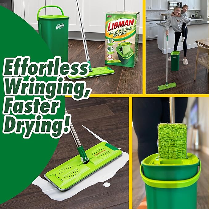 Libman Rinse 'n Wring Mop and Bucket System, Microfiber Dry Wet Mop for Floor Cleaning, Hardwood, Laminate, Tile Cleaner, Dual Chamber Bucket Design, 2 Total Refill Replacement Head Pads