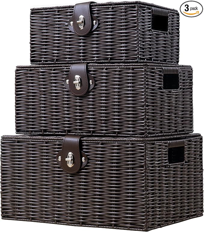 Set of 3 Woven Wicker Storage Basket Box with Lids & Lock, Brown