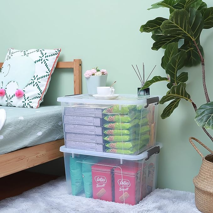 Citylife 44.4 QT Plastic Storage Bins with Latching Lids Stackable Storage Containers for Organizing Large Clear Storage Box for Garage, Closet