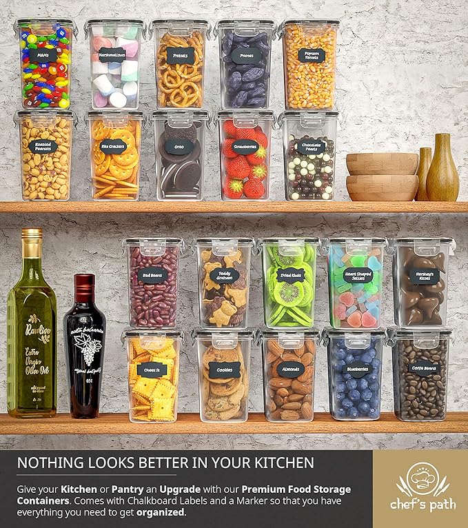 Chef's Path Airtight Plastic Food Containers with Lids - 20 Pack (1.6 Liter Each) - Durable Kitchen and Pantry Storage for Cereal, Rice, Pasta, Sugar