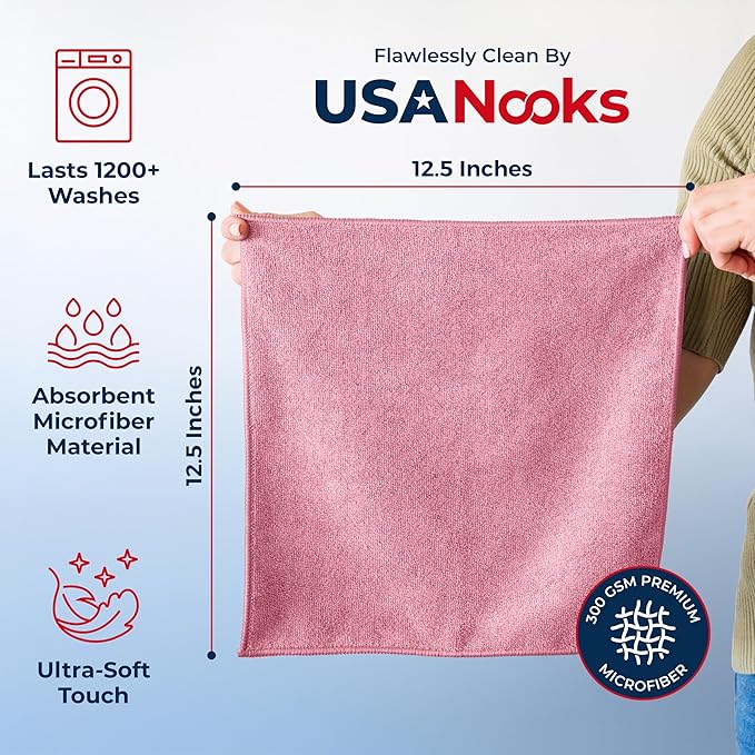 USANOOKS Microfiber Cleaning Cloth Light Pink - 24 Pcs 12.5"x12.5" - High Performance - 1200 Washes