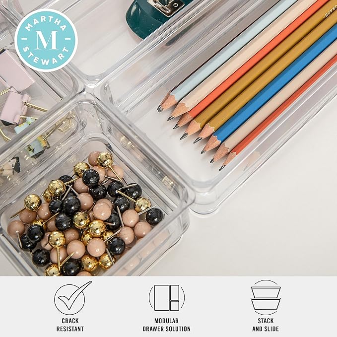 Martha Stewart Miles Plastic Stackable Office Desk Drawer Organizers, Set of 6