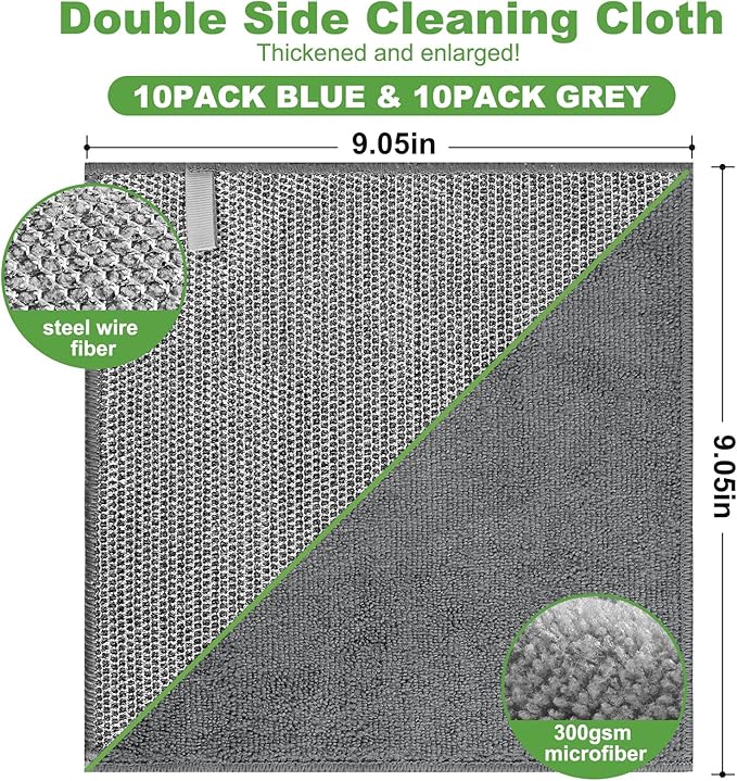 Jeymei 20Counts Multipurpose Wire Dishwashing Rag,Non Scratch Wire Dishcloth,Microfiber Miracle Cleaning Cloth with Mesh,Dual-Sided Steel Mesh Cloth for Pot,Metal Scrubber for Washing Dishes,Grey&Blue
