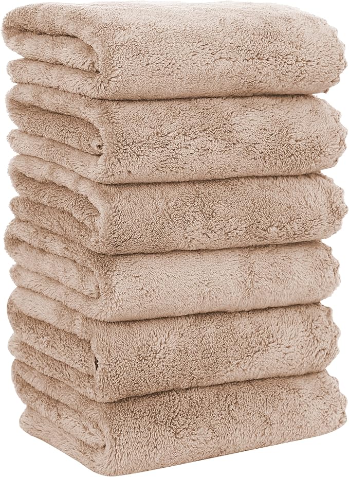 MOONQUEEN 6 Pack Premium Hand Towels - Quick Drying - Microfiber Coral Velvet Highly Absorbent Towels - Multipurpose Use as Hotel, Bathroom, Shower, Spa, Hand Towel 16 x 28 inches (Brown)