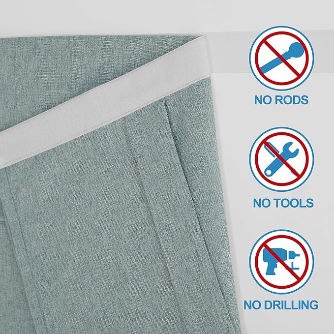 RYB HOME Linen Blended French Door Shades Self Adhesive, Privacy Room Darkening Glass Door Window Curtains for Kitchen Patio Sidelight Curtain Tie Up Shade Wide 30 x Long 69 inch 1 Pc Stone Blue