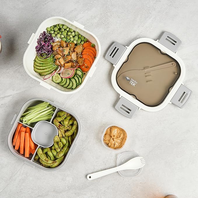 Restaurantware-Bento Tek 57.5 Ounce Bento Box, 1 Reusable Lunch Container - With Fork And Knife, Does Not Contain BPA, White And Gray Plastic Reusable Lunch Box, Microwavable, Dishwashable