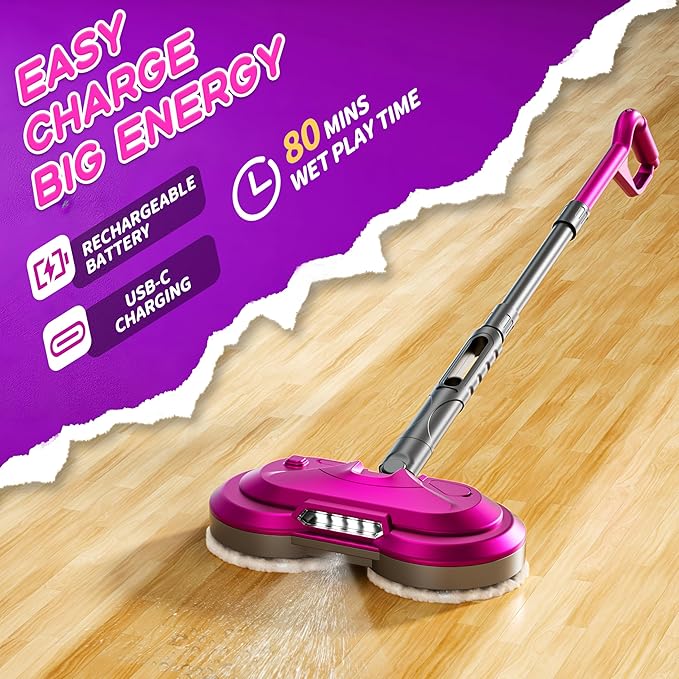 BLAXTEM Kids Electric Spray Spin Mop Toy, Rechargeable Cordless Electric Mop W/ Water Sprayer & LED Headlight for Children Boys & Girls, Cleaning Toy for Pretend Play (Rose Red)