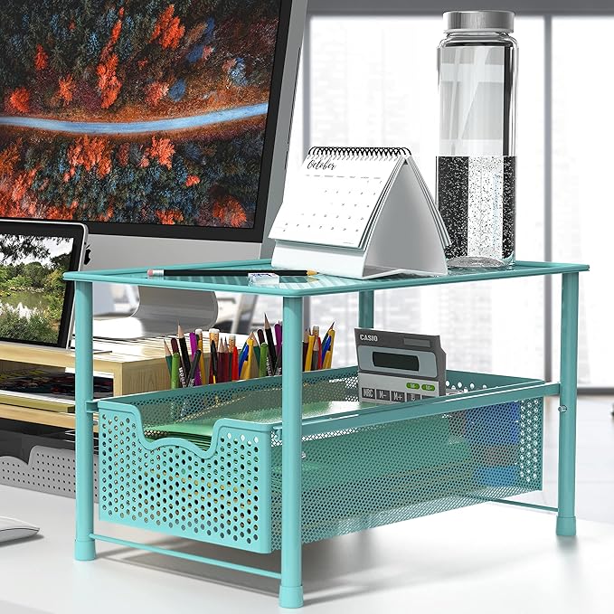 Simple Houseware Stackable Under Sink Cabinet Sliding Basket Organizer Drawer, Turquoise