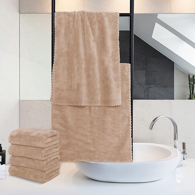 MOONQUEEN 6 Pack Premium Hand Towels - Quick Drying - Microfiber Coral Velvet Highly Absorbent Towels - Multipurpose Use as Hotel, Bathroom, Shower, Spa, Hand Towel 16 x 28 inches (Brown)
