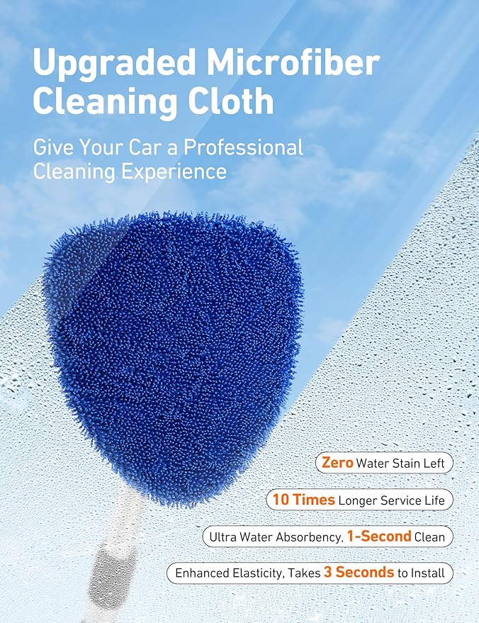 AstroAI 32" Windshield Cleaner Tool, Car Interior Window Detailing Cleaning Kit with Extendable Handle and 4 Easy-to-Install Reusable Microfiber Pads