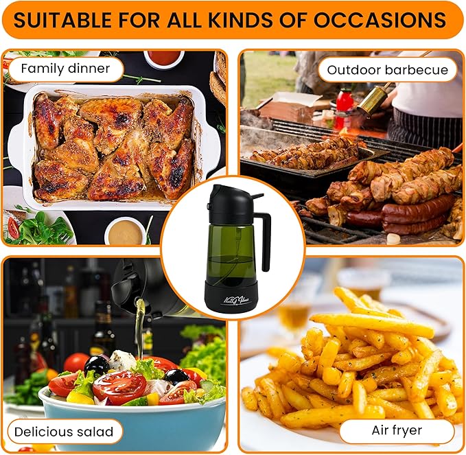 Oil Dispenser, 2 In 1 Cooking Oil Sprayer and Pourer, Non-Drip Spout for Kitchen Oil, Air Fryer, Salad, Grill, 16oz/470ml with Silicone-Encased Base (Black Cap, Green Bottle)