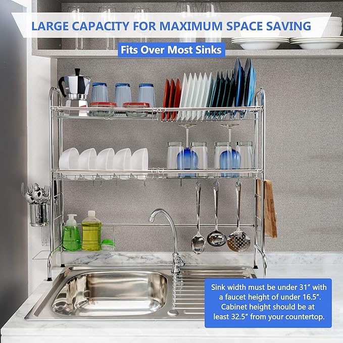 2 Tier Over The Sink Dish Drying Rack, Large Kitchen Counter Utensil Drainer w/ Non-Slip Rubber Feet, Stainless Steel Kitchen Countertop Shelf Organizer Stores Utensils, Cutting Board, Plates, Pots