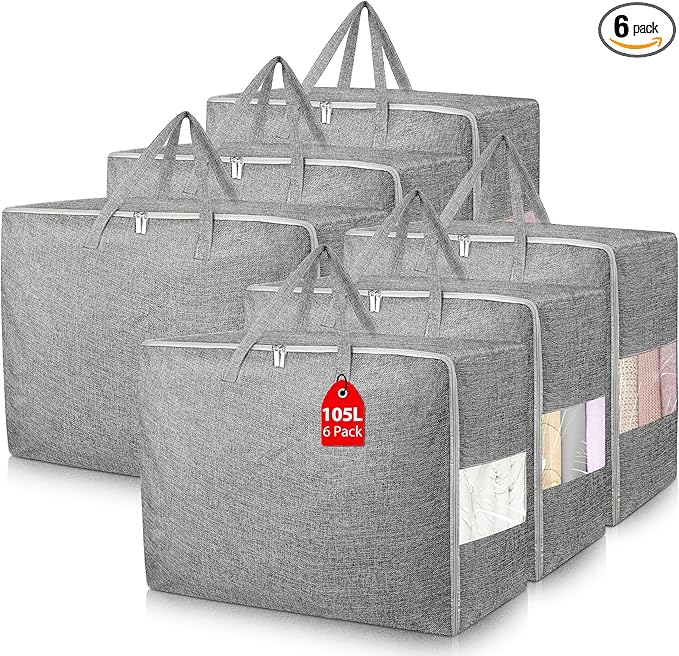 105L Grey Storage Bags (6 Pack) - Folding Comforter/Blanket Storage