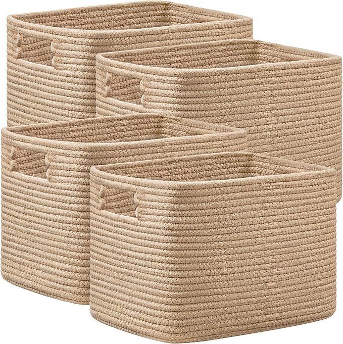 4 Pack Storage Baskets for Organizing, Shelf Baskets with Handles, Brown
