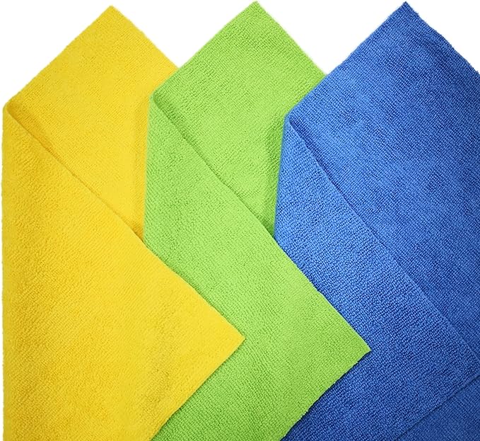 POLYTE Microfiber Cleaning Cloth Ultrasonic Cut Edgeless, 14 x 14 in (36 Pack, Blue,Green,Yellow)