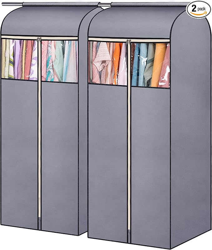 SLEEPING LAMB 60'' Hanging Garment Bags for Closet Storage Sealed Completely Jackets Coats Suits Clothes Rack Cover for Wardrobe with Clear PVC Window, 2 Packs, Grey (Hanging Rod Not Included)