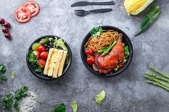 Glotoch Express Round Meal Prep Containers 24oz Black 150 Pack, Plastic Food Storage Containers for Lunch, Microwave, Freezer