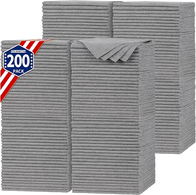 FIXSMITH Shop Towels, Pack of 200, Grey Microfiber Cleaning Cloth Bulk, Microfiber Towels for Cars, All-Purpose Absorbent Cleaning Rags, Dust Cloth for Automotive, Mechanic, Garage, 11.5 x 11.5 inch